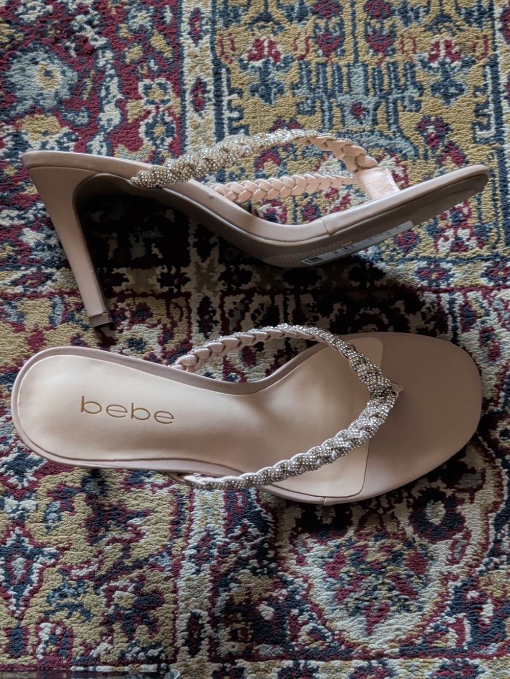 bebe Nude Rhinestone Braided Strap Heeled Sandals